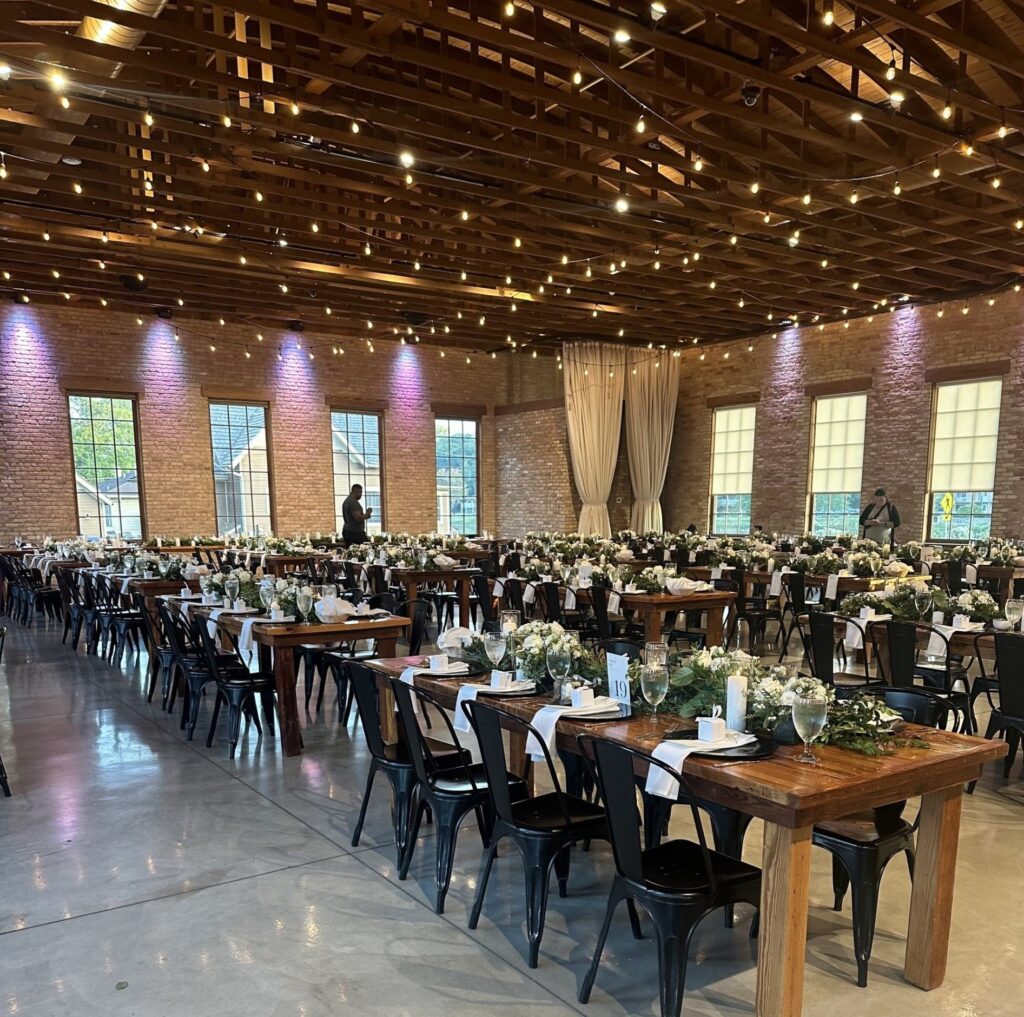 Elegant wedding reception setup with decorated tables for wedding catering services in Elgin Illinois