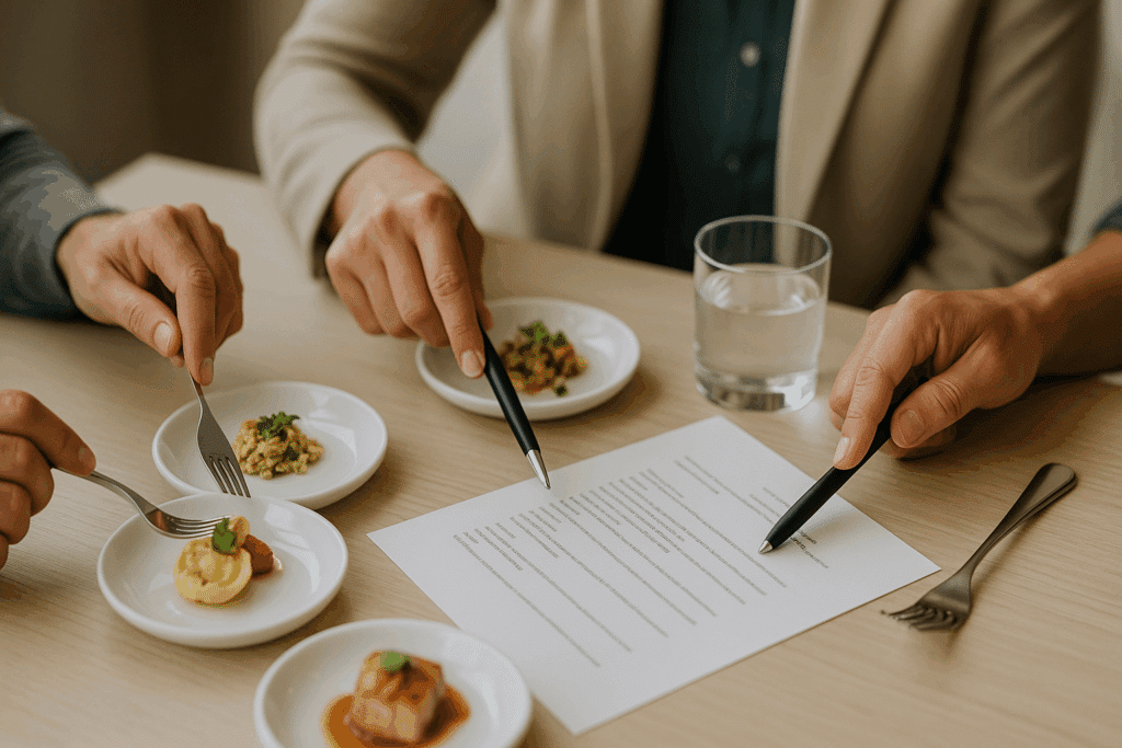 Image #: Supporting #2
Role/Placement: Supports “Dietary needs, allergies, and cross-contact basics” section
Aspect & Size: 16:9 — ≥1600×900
General Prompt (vendor-neutral): Assorted labeled sample dishes on a sanitized prep surface with separate utensils; emphasis on safe handling and organization; hyper‑realistic.
Optional Midjourney Prompt: /imagine labeled sample dishes on sanitized prep surface with separate utensils, food safety emphasis, photoreal --ar 16:9
Optional SDXL Prompt: photoreal organized sample dishes with separate utensils and labels, 16:9
Negative Prompt: text, watermark, logo, cartoonish, low-res, inaccurate elements
Rank Math Image Data:
• File Name: dietary-safe-tasting-elgin-16x9.jpg
• Title: Organized dietary-friendly tasting
• Alt Text (MUST include the exact PFK once): Safe dietary setup for catering tasting Elgin
• Caption: Labeled samples with separate utensils
• Description: Visualizes how labeled samples and dedicated utensils help reduce cross-contact risk during tastings.